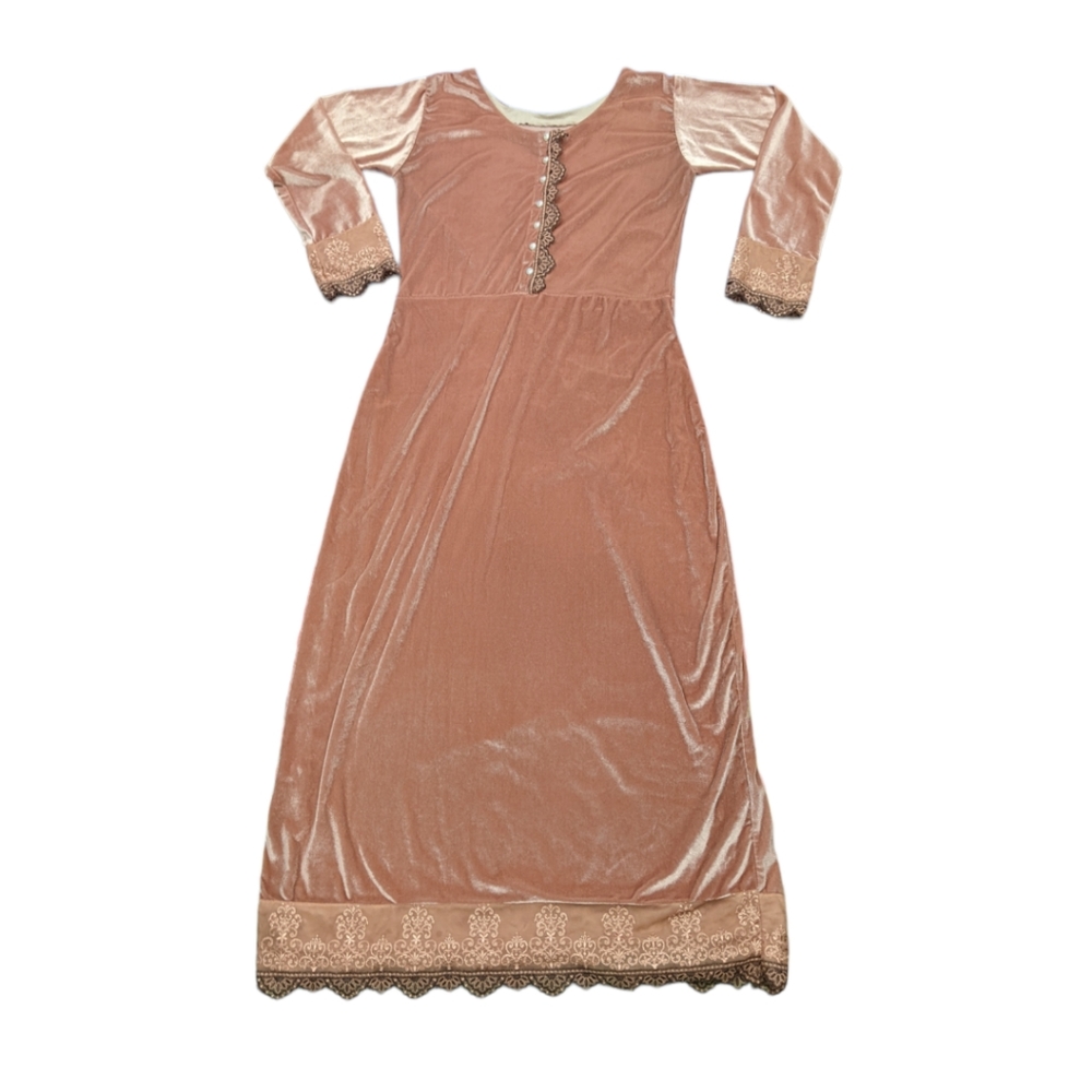 Velvet and Victorian lace trim full length dress or nightgown in pink Size S/M